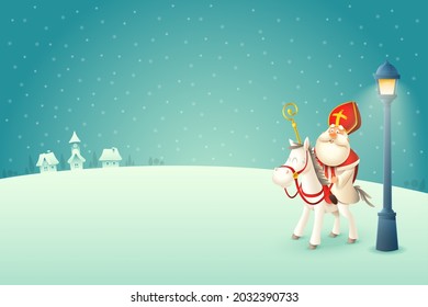 Saint Nicholas - Sinterklaas with his horse is coming to town at winter night
