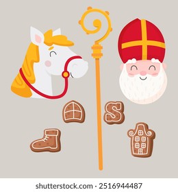 Símbolos de feriado de São Nicolau ou Sinterklaas - ilustração vetorial isolada