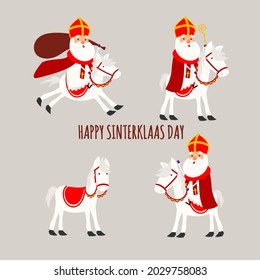 Saint Nicholas or Sinterklaas with horse collection - vector illustration