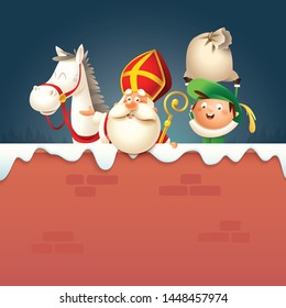 Saint Nicholas or Sinterklaas horse and kids on board - happy cute characters celebrate Dutch holiday on snowy wall - vector illustration