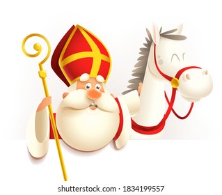 Saint Nicholas Sinterklaas with horse on board - vector illustration isolated on transparent background