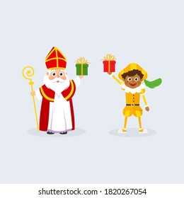 Saint Nicholas - Sinterklaas and kid wear costume and celebrate holidays - vector illustration