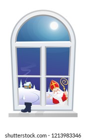 Saint Nicholas - Sinterklaas - looking at window from outside, children boot wait for gifts - winter night lansdcape