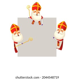 Saint Nicholas or Sinterklaas on left and right side of board and on top - grouped and isolated 3D vector illustration