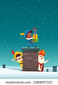 Saint Nicholas or Sinterklaas on roof - bring gifts via chimney Saint Nicholas day - winter scene