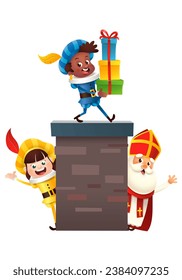 San Nicolás o Sinterklaas en el techo - traer regalos a través de la chimenea Día San Nicolás - ilustración vectorial aislada en fondo transparente