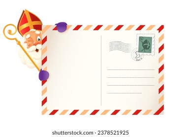 Saint Nicholas - Sinterklaas peeking on left side of letter - vintage vector illustration isolated