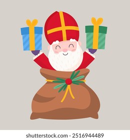 São Nicolau ou Sinterklaas espiando de saco com presentes - ilustração vetorial isolado