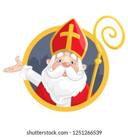 Saint Nicholas or Sinterklaas. Portrait on circle banner - vector illustration isolated on white background