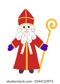 Saint Nicholas, Sinterklaas in a red cassock, staff. Simple color vector illustration. Traditional holiday. Full length.