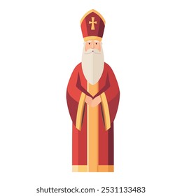 São Nicolau, ilustração vetorial de Sinterklaas. Homem velho bispo com barba, mitra, casaco vermelho longo isolado no fundo branco. Clipart de ilustração de vetor de design plano. Tradição tcheca, eslovaca e holandesa.