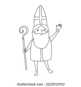 Saint Nicholas sketch doodle cute cartoon character Sinterklaas vector illustration isolated on white background. Coloring page, contour line outline drawing of st Nicholas