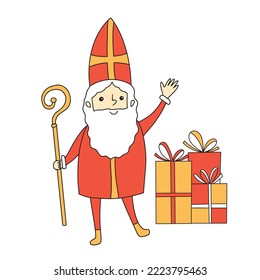 Saint Nicholas sketch doodle cute cartoon character Sinterklaas with presents, gift boxes pile vector illustration isolated on white background. contour line outline drawing of st Nick