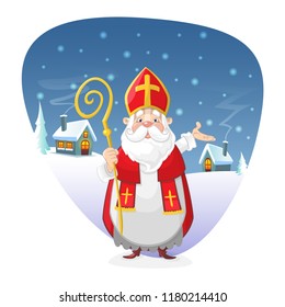 Saint Nicholas standing in front of winter background illustration