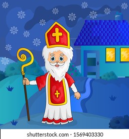 Saint Nicholas standing on hill, winter landscape