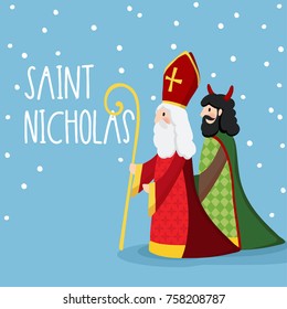 Saint Nicholas walking with devil and falling snow. Cute Christmas invitation card, vector illustration, winter background.