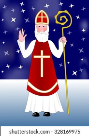 Saint Nicholas walks snowy night landscape under a starry sky, eps10 vector illustration