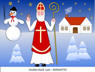 Saint Nicholas walks snowy night landscape, old country house and snowman on background