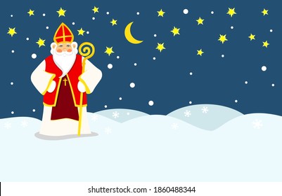 Saint Nicholas, Nicholas the Wonderworker against the background of the winter night sky, winter scene. Banner. The nature of Christianity in Orthodox, Catholics, Anglicans, Lutheran churches. 