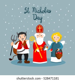 Saint Nicholas,devil and angel. Vector illustration