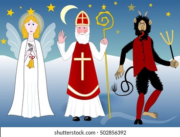 Saint Nicolas with angel and devil in night countryside with stars and moon. Illustration of the feast on December 5