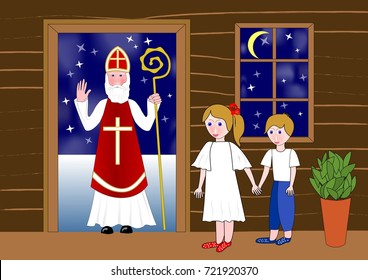 Saint Nicolas in the door of wooden house. Two cute children waiting in room. Little girl holds a little boy by the hand. European holiday on December 5th. Vector EPS 10