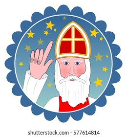 Saint Nicolas portrait in blue circle shape with stars.