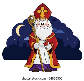 Saint Nicolas (Sint) with his staff and big book of names.