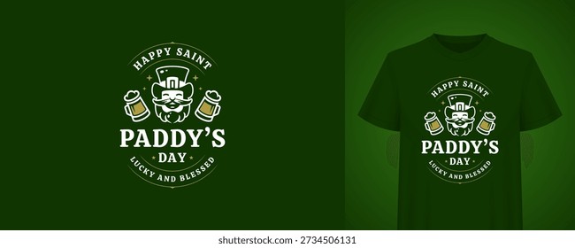 Saint Paddys Day greeting template with leprechaun. Vintage t-shirt print design. Irish holiday retro badge vector illustration for festive celebration, beer party, pub bar, lucky decor