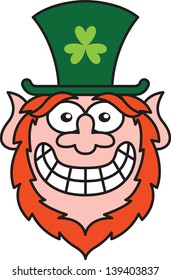 Saint Paddy's Day Leprechaun wearing a big green hat with a shamrock while smiling and feeling embarrassed