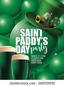 Saint Paddys Day Party Invitation Green Balloons Background. Template Design For Your Celebration On St. Patricks Day. EPS 10 Vector.