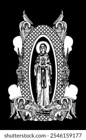 Saint Parascheva of the Balkans. Illustration with angels and seraphim in heaven black and white in Byzantine style