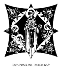 Saint Parascheva of the Balkans on cross dome with 4 apostles, angels and seraphim. Ink illustration black and white in Byzantine style isolated