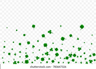 Saint Partick's Day with falling shamrocks on transparent background. St.Patricks vector card with clovers in green color. Vector illustration.