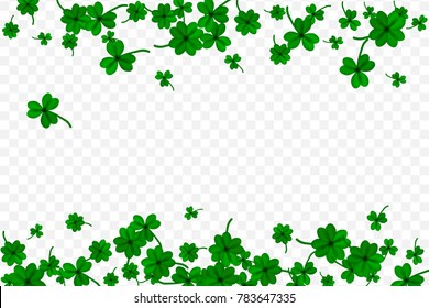 Saint Partick's Day with falling shamrocks on transparent background. St.Patricks vector card with clovers in green color. Vector illustration.