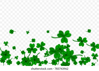 Saint Partick's Day with falling shamrocks on transparent background. St.Patricks vector card with clovers in green color. Vector illustration.