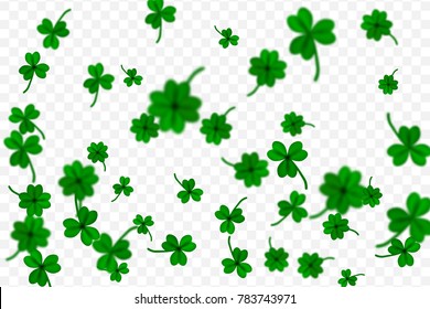 Saint Partick's Day with falling shamrocks on transparent background. St.Patricks vector card with clovers in green color. Vector illustration.