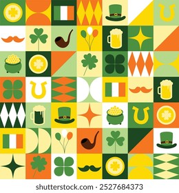 Saint patrick background, bauhaus, geometrical, modern pattern, abstract, icon, hat, beer, coin, ireland, celebration, drinking, clover, wallpaper, leprechaun, luck, holiday, horsehoe, flat style.