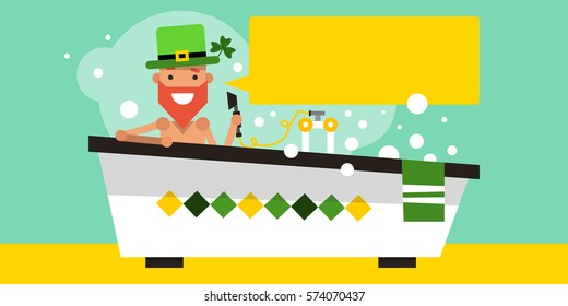 Saint Patrick in the bathroom. National Irish holiday. Template banner. Vector illustration in flat style for your design.
