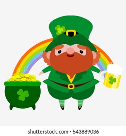 Saint Patrick with beer, pot of gold on the rainbow background. Postcard for St. Patrick's day