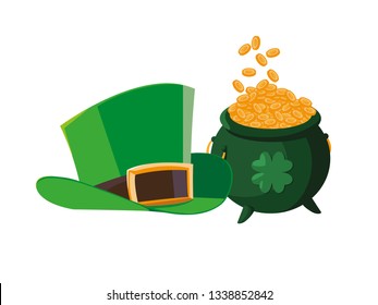 saint patrick cauldron with treasure coins and elf hat