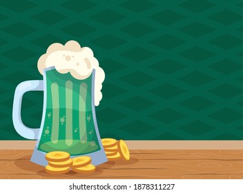 saint patrick celebration beer green jar and coins vector illustration design