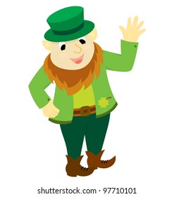 A Saint Patrick character standing, smiling and waving happily.