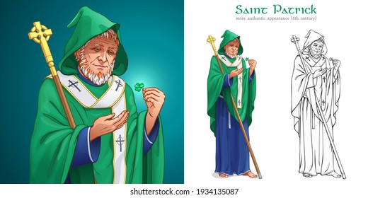 Saint Patrick. Christian Missionar und Patron von Irland ist gekleidet in grünem, gepflastertem Gewand und blauem Gewand. Der mittelalterliche irische Bischof hält das Personal mit einem goldenen keltischen Kreuz und betrachtet den Schamfelsen.