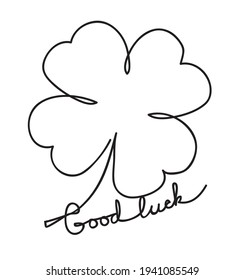 Saint patrick clover leaf with wish good luck, handwritten text in one line. Continuous line art vector illustration