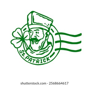 Saint Patrick and the clover. Postage stamp isolated on white background.