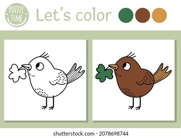 Saint Patrick coloring page for children. Cute funny bird with shamrock in beak. Vector outline forest animal illustration. Celtic spring holiday color book for kids with colored example
