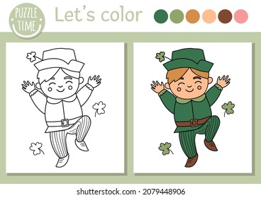 Saint Patrick Coloring Page For Children. Cute Funny Boy With Shamrock. Vector Outline Leprechaun Illustration. Celtic Spring Holiday Color Book For Kids With Colored Example
