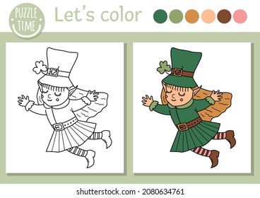 Saint Patrick coloring page for children. Cute funny leprechaun fairy with shamrock. Vector outline forest elf girl illustration. Celtic spring holiday color book for kids with colored example
