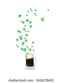 Saint Patrick dancing with beer and shamrocks on backgraund.